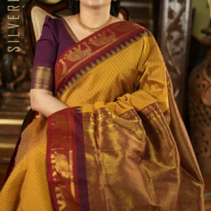 Mustard w/ Maroon Checks with Grand Elephant Border & Pallu