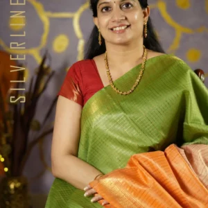Green Peach and Orange Muppagam Saree with Zari Checks and Borders in Mangalagiri Style