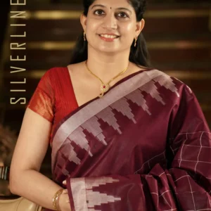 Wine Burgundy w/ White Gopuram Border and Silk Thread Weaving