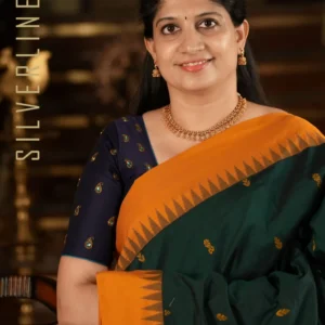Bottle Green w/Mustard Temple Border and Thread pallu