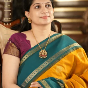 Mustard w/ Peacock Green Thilagam Butta Retta Pet Border