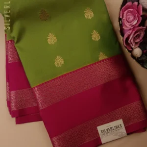 Attractive Parrot Green with Pink Semi Kanchipuram Silk with Medium Butta and Retta Pet Border