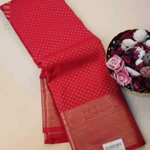 Red Semi Kanchipuram Silk with Beautiful Festive Look at an Affordable Price