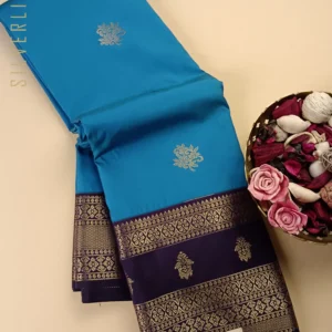 A Very Pretty Rama Blue Semi Kanchipuram Silk with Grand Purple Retta Pet Borders and Motifs