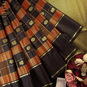Captivating Combination of Orange and Dark Maroon with a tint of Purple and Bold Kattam with Peacock and Chakram Motifsck
